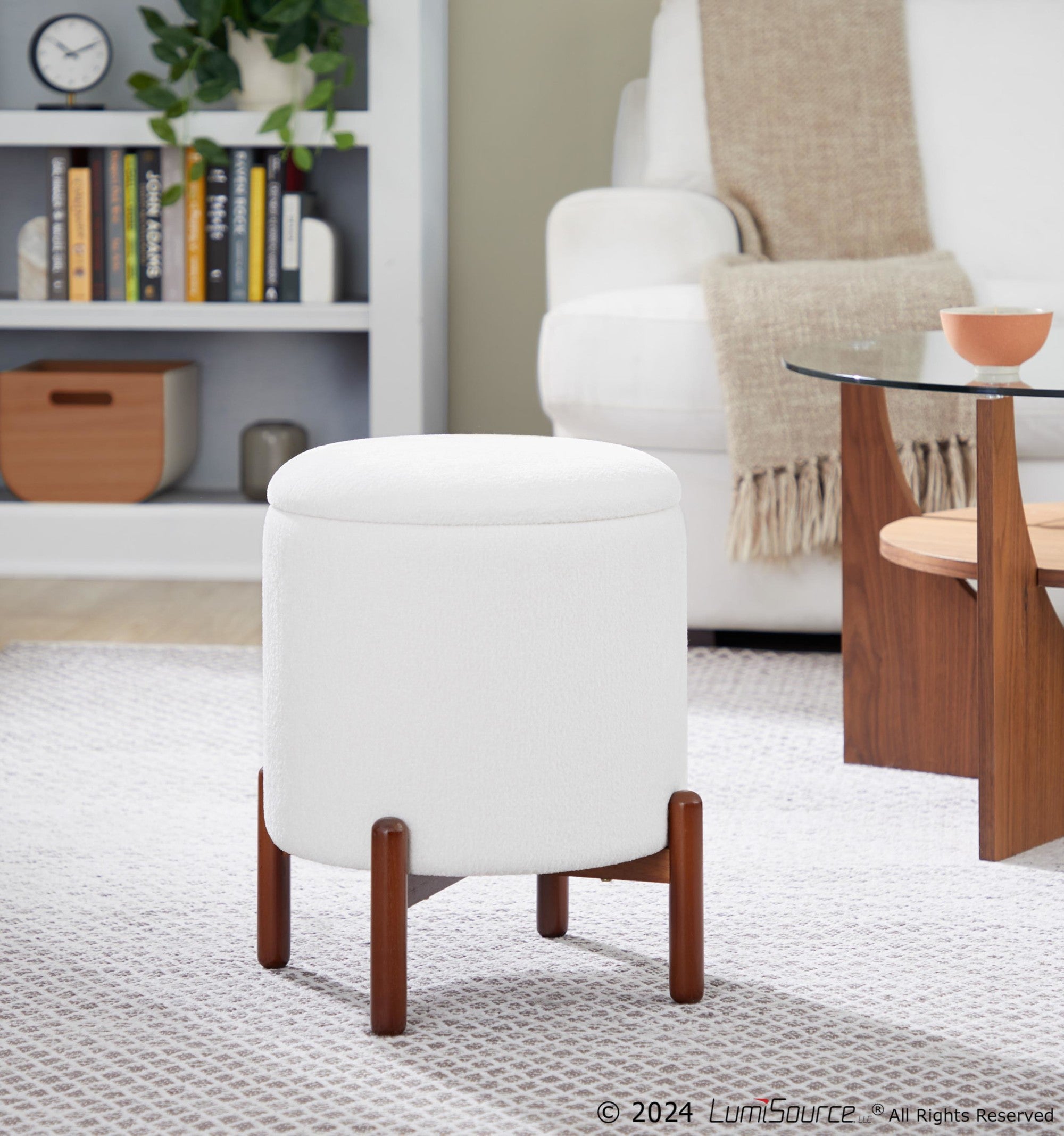 Daniella Wood Storage Ottoman - Walnut Wood, White Fabric