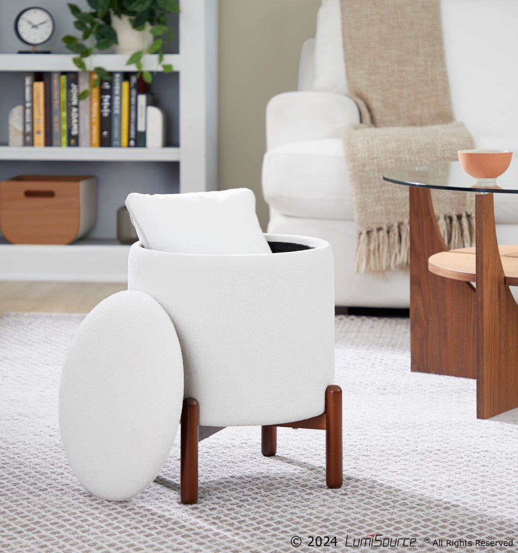 Daniella Wood Storage Ottoman - Walnut Wood, White Fabric