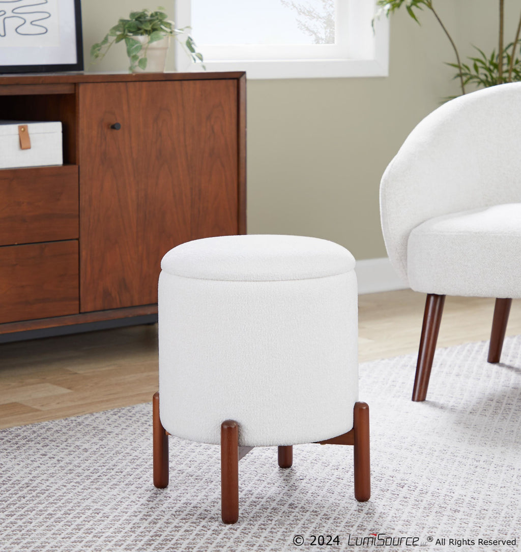 Daniella Wood Storage Ottoman - Walnut Wood, White Fabric