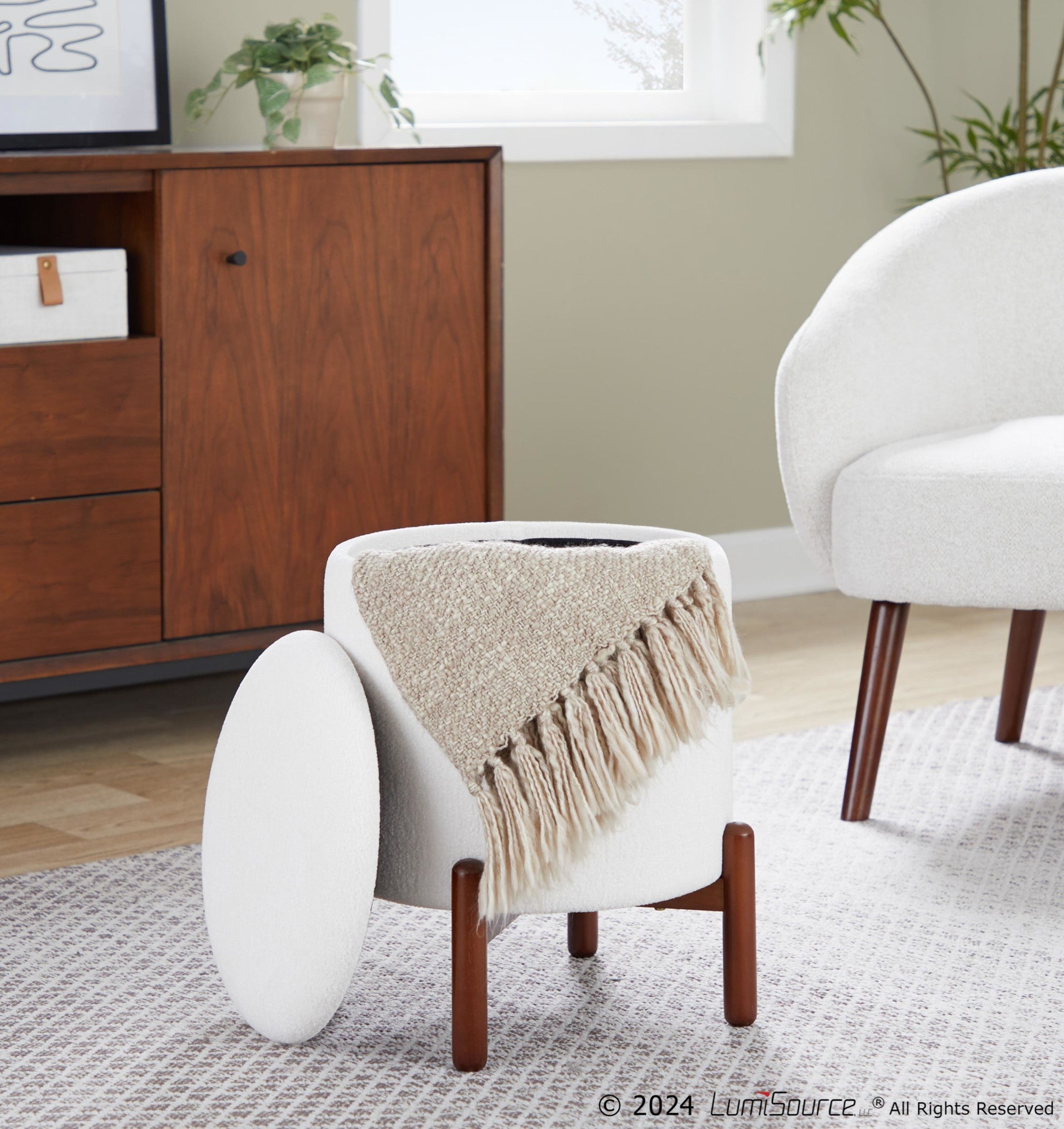 Daniella Wood Storage Ottoman - Walnut Wood, White Fabric