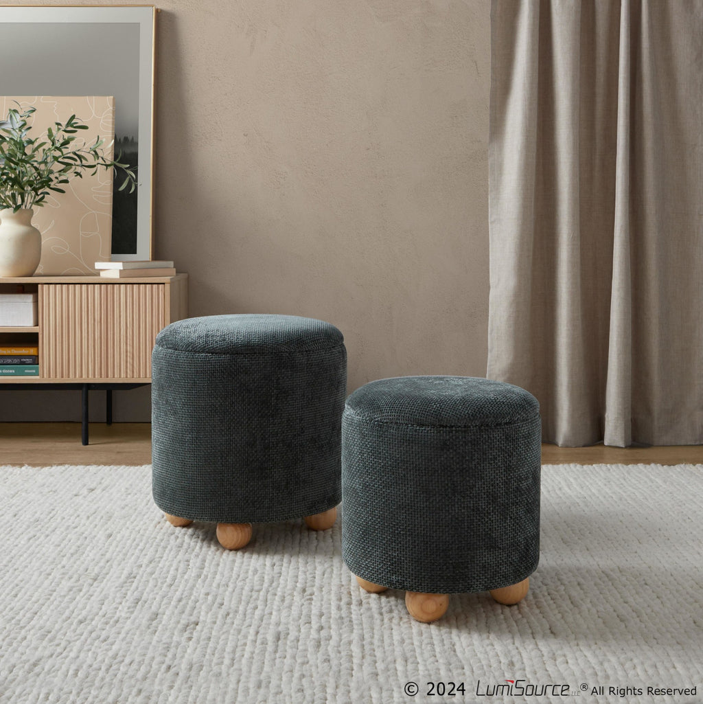 Bacci Ottoman - Set of 2 - Natural Wood, Green Fabric