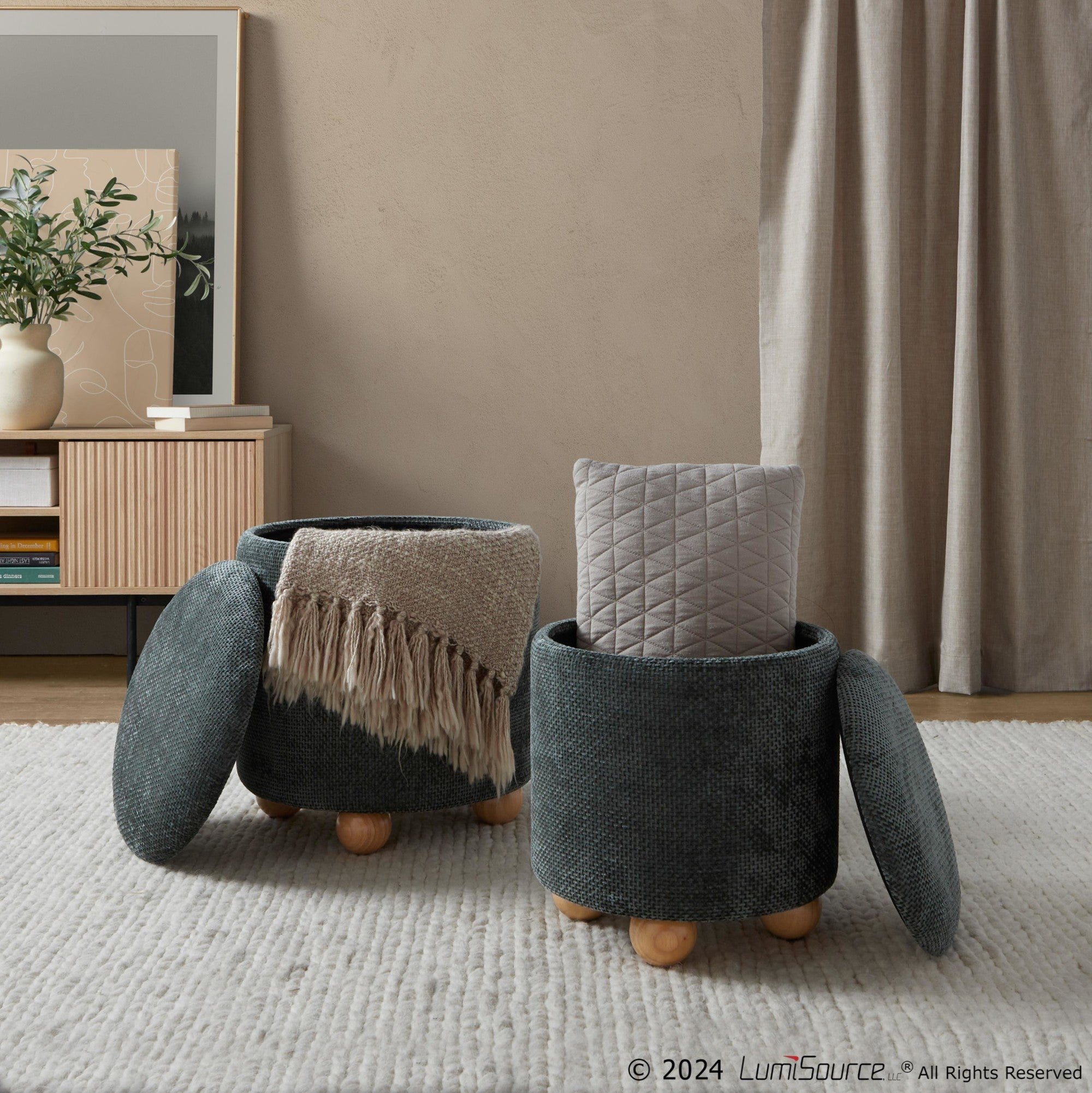 Bacci Ottoman - Set of 2 - Natural Wood, Green Fabric