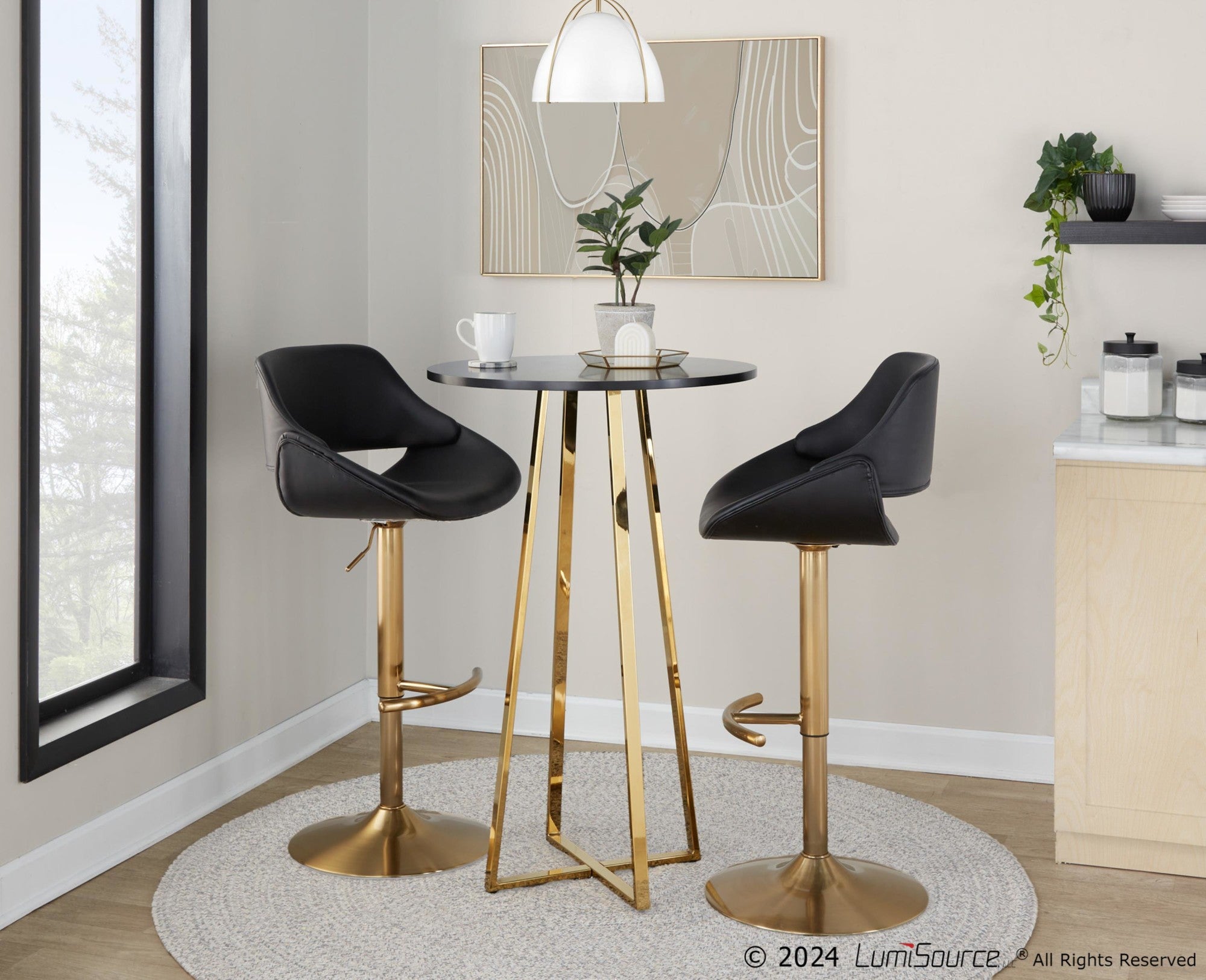 Fabrico Adjustable Barstool - Set of 2 - Gold Metal, Black PU