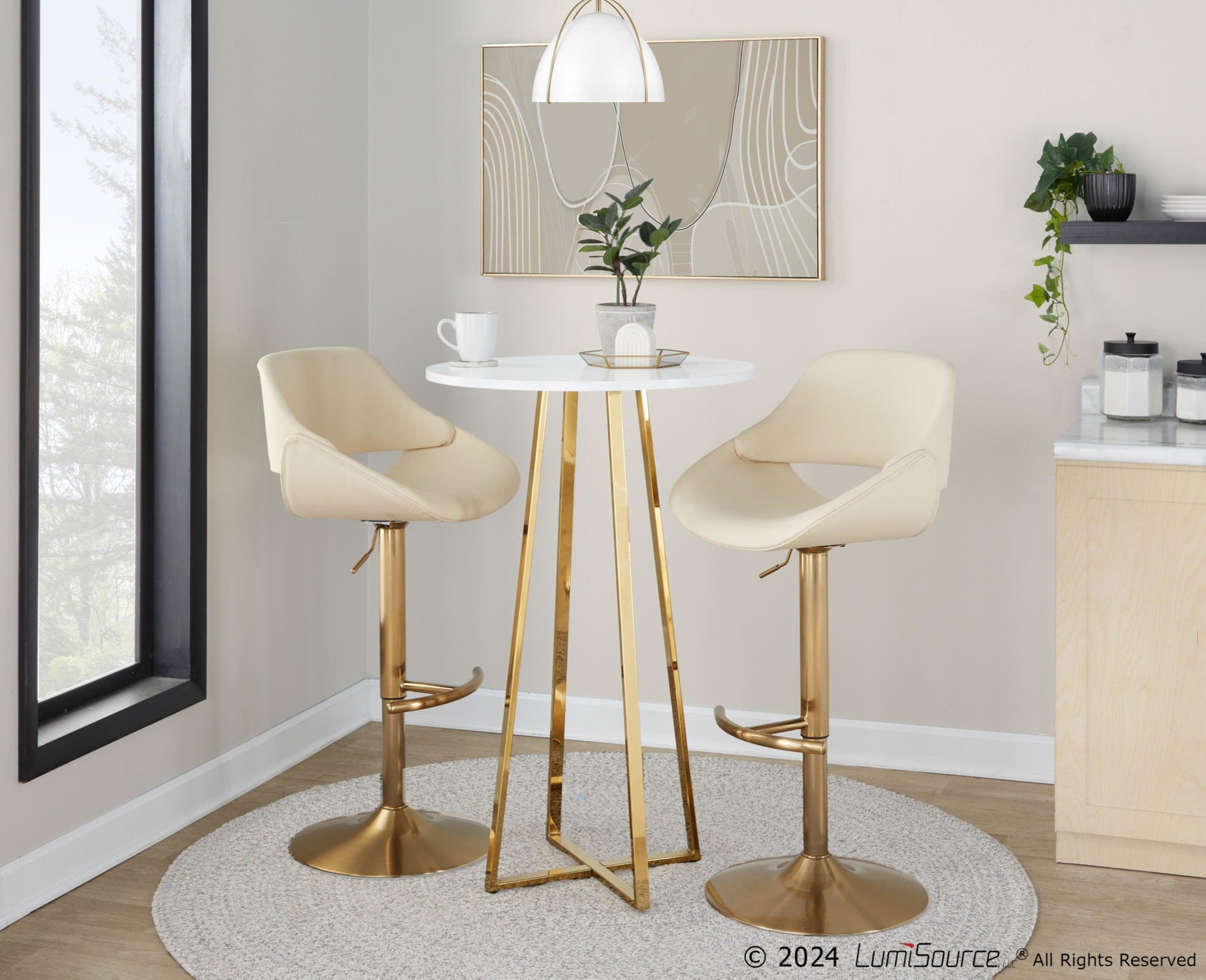 Fabrico Adjustable Barstool - Set of 2 - Gold Metal, Cream PU