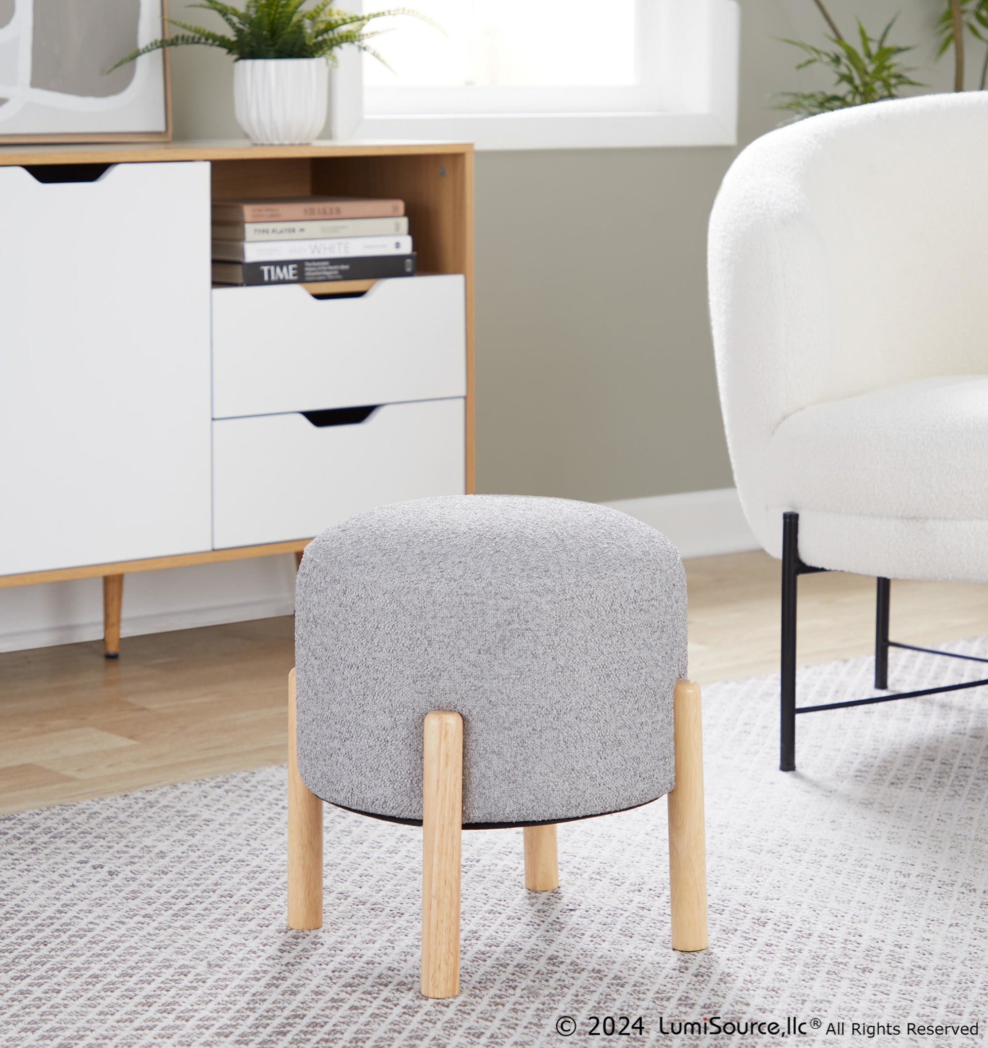 Michelle Terry Ottoman - Natural Wood, Light Grey Fabric