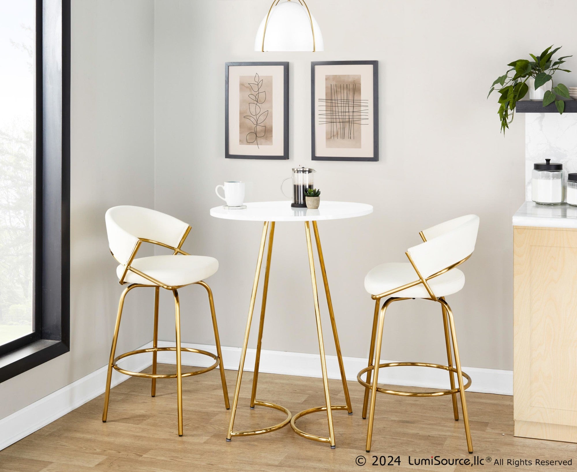 Cece Counter Table - Gold Metal, White Mdf