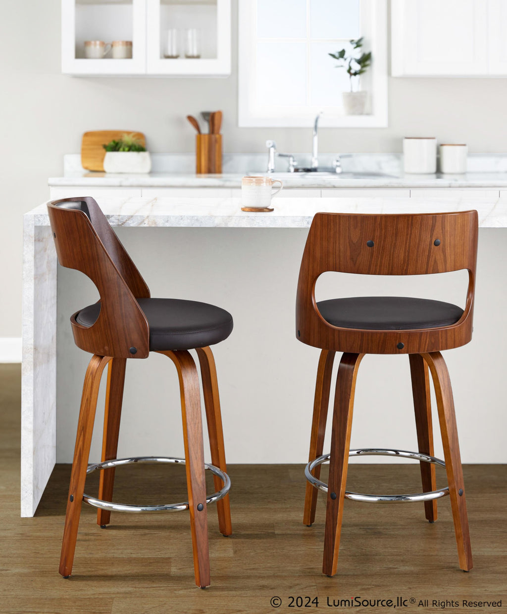 Cecina 26'' Fixed-Height Counter Stool - Set of 2 - Walnut Wood, Brown PU, Chrome Metal