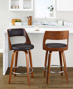 Cecina 26'' Fixed-Height Counter Stool - Set of 2 - Walnut Wood, Brown PU, Chrome Metal