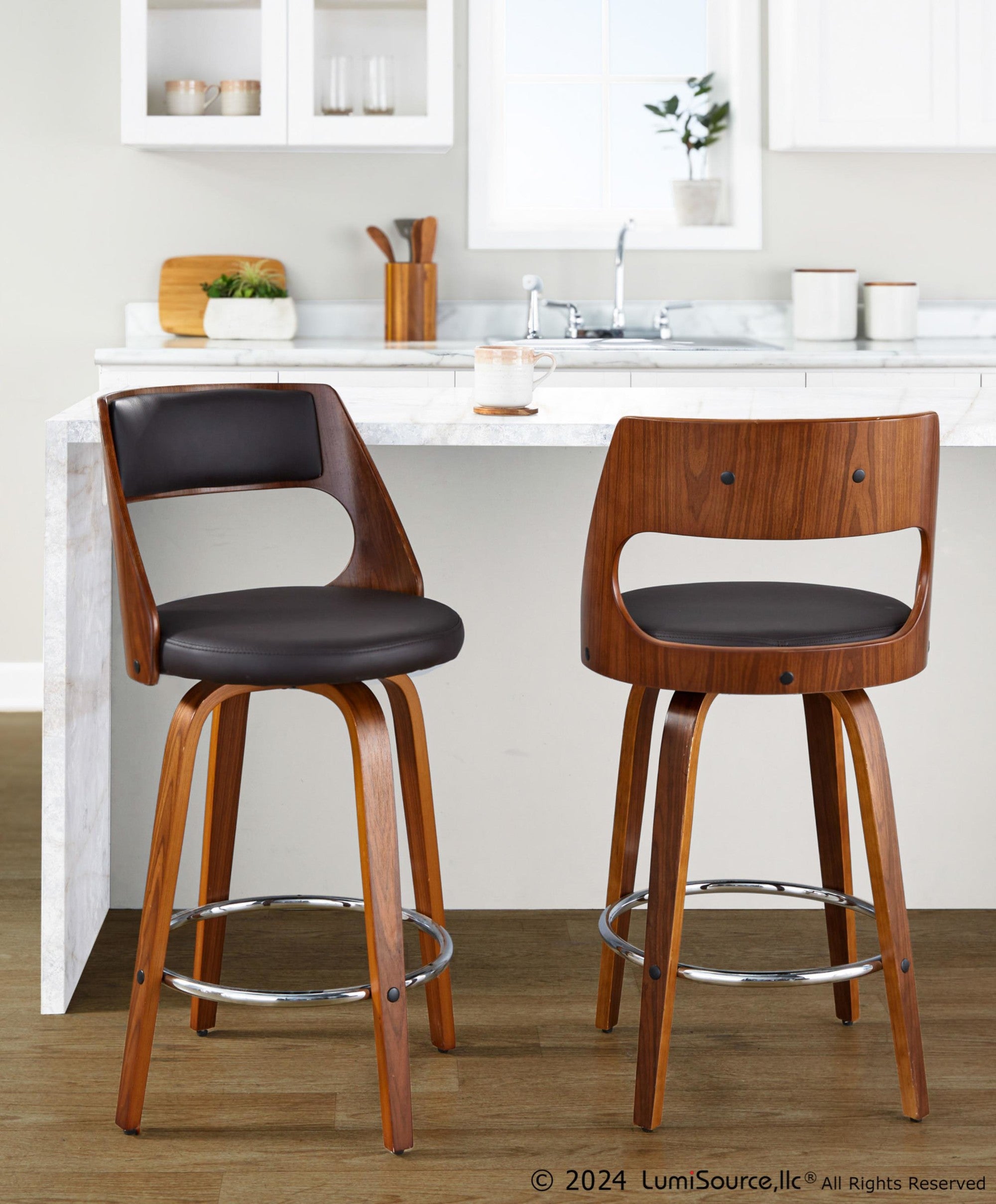 Cecina 26'' Fixed-Height Counter Stool - Set of 2 - Walnut Wood, Brown PU, Chrome Metal