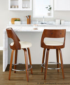 Cecina 26'' Fixed-Height Counter Stool - Set of 2 - Walnut Wood, Cream PU, Chrome Metal