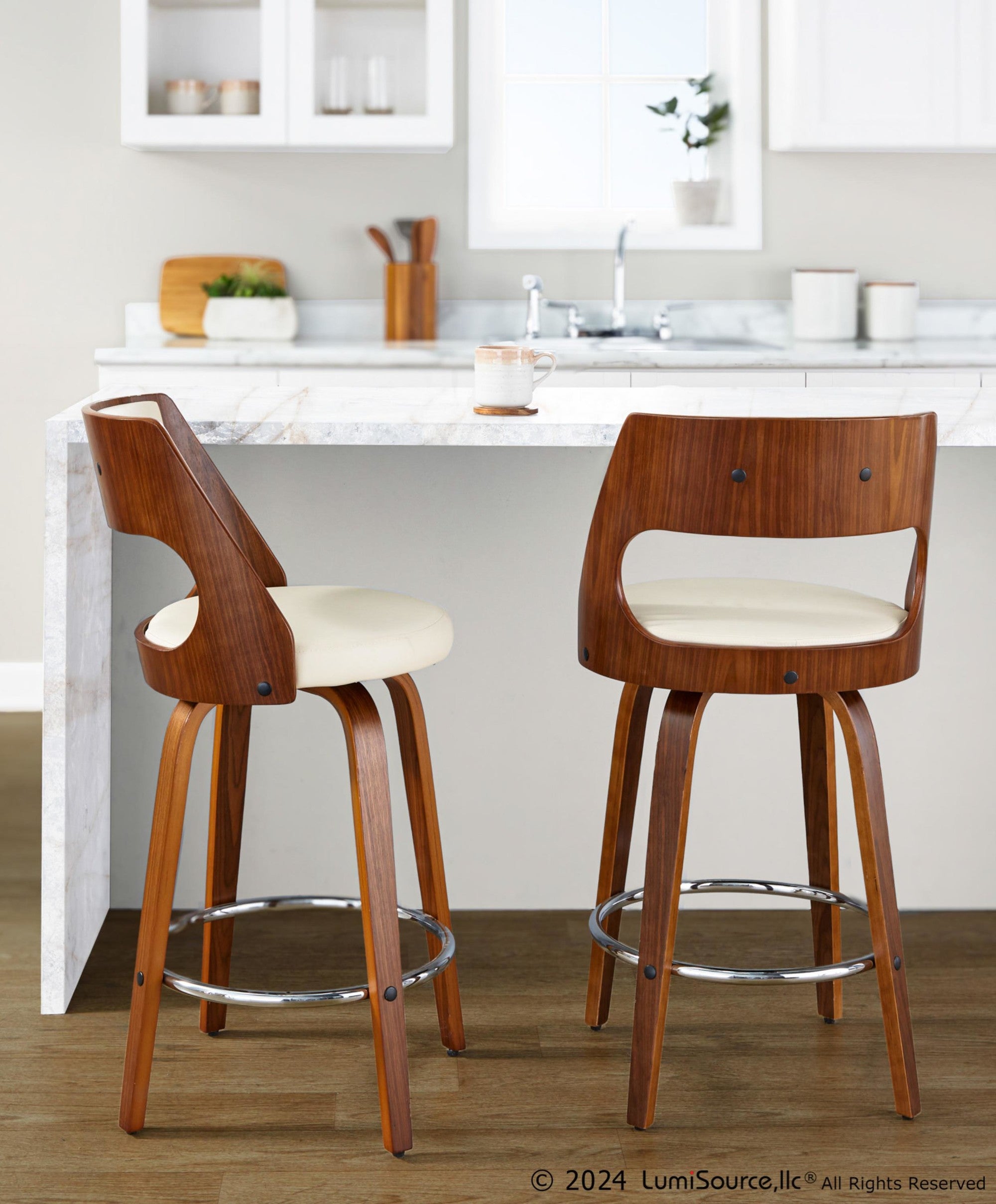Cecina 26'' Fixed-Height Counter Stool - Set of 2 - Walnut Wood, Cream PU, Chrome Metal