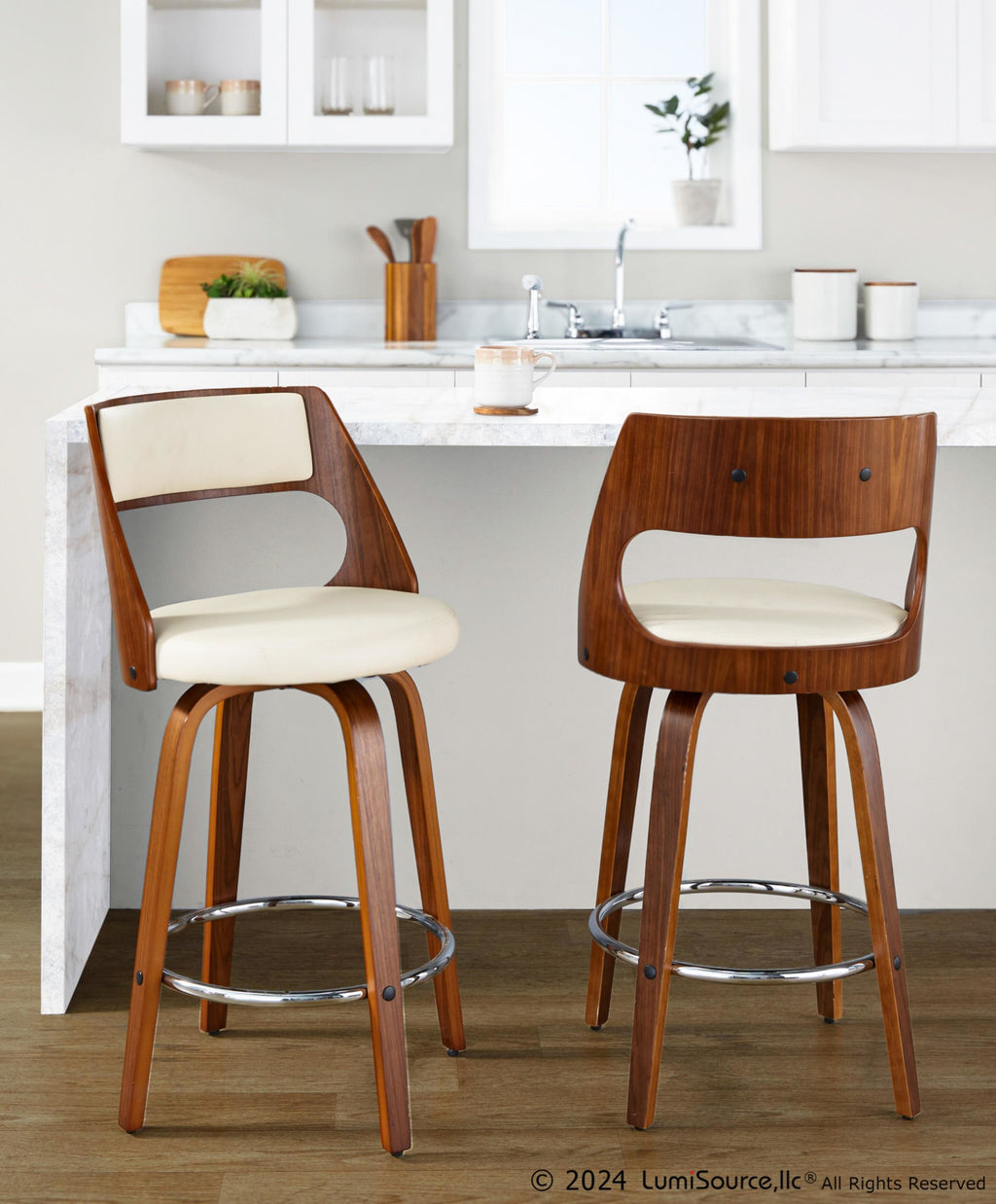 Cecina 26'' Fixed-Height Counter Stool - Set of 2 - Walnut Wood, Cream PU, Chrome Metal