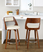 Cecina 26'' Fixed-Height Counter Stool - Set of 2 - Walnut Wood, Cream PU, Chrome Metal
