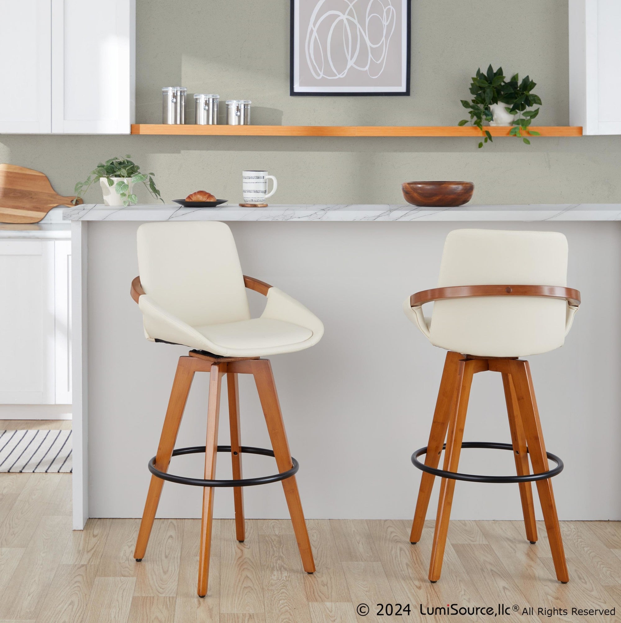 Cosmo 29" Fixed-Height Barstool - Walnut Bamboo, Cream PU, Black Metal
