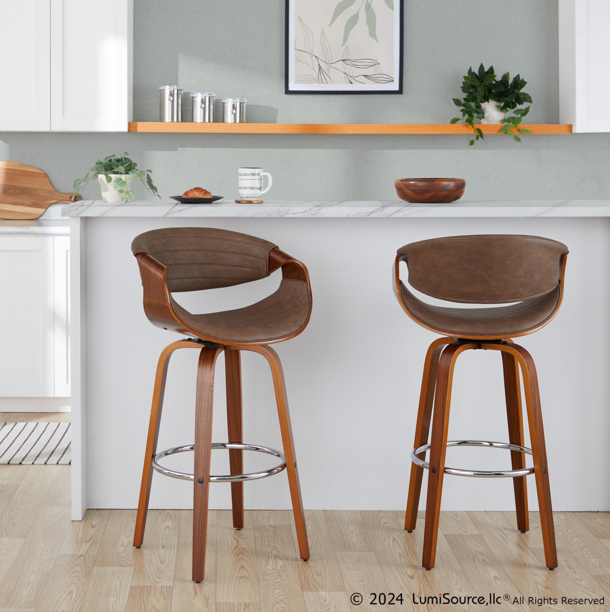 Symphony 30" Fixed-Height Barstool - Set of 2 - Walnut Wood, Chrome Metal, Espresso PU