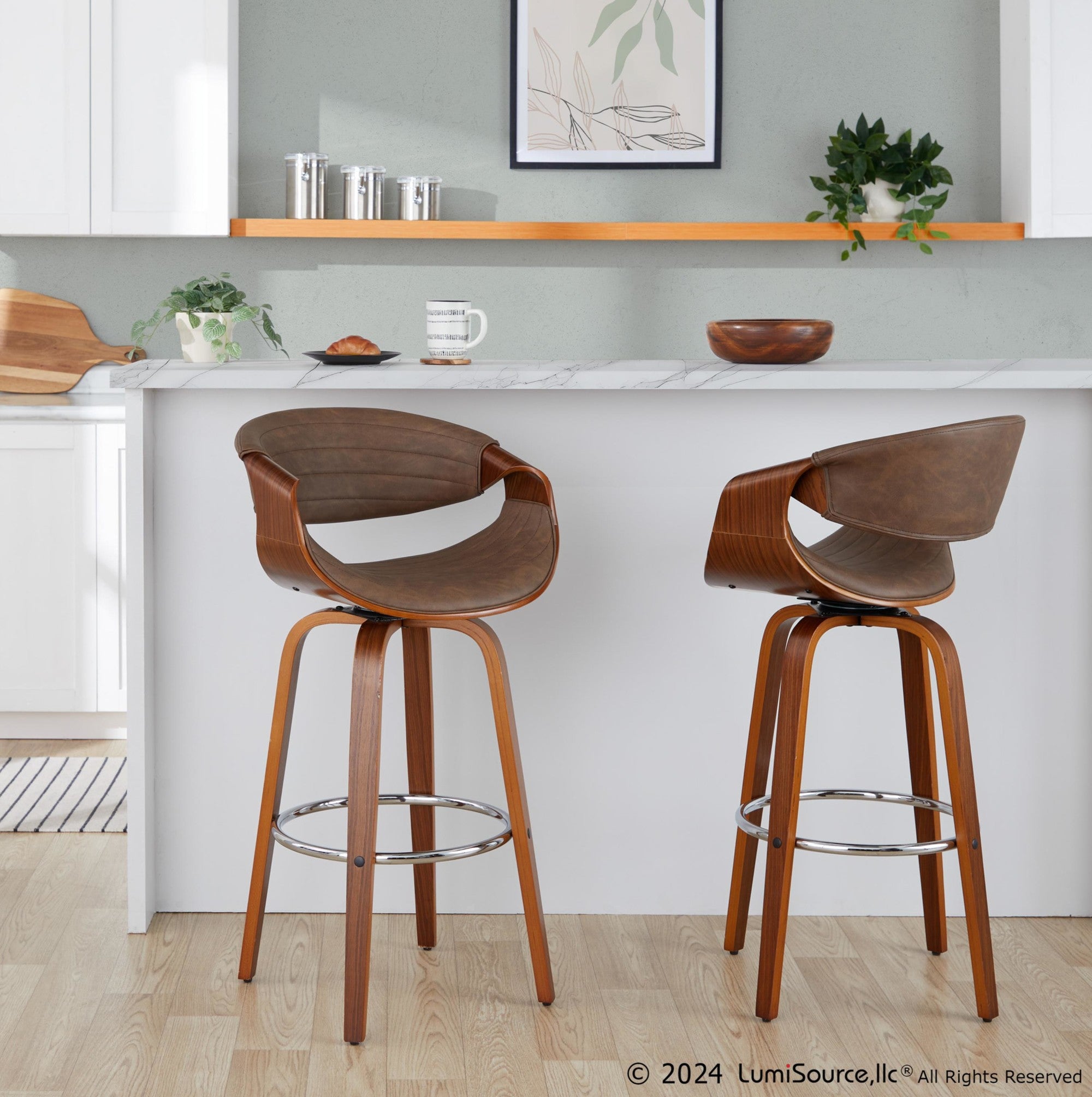 Symphony 30" Fixed-Height Barstool - Set of 2 - Walnut Wood, Chrome Metal, Espresso PU