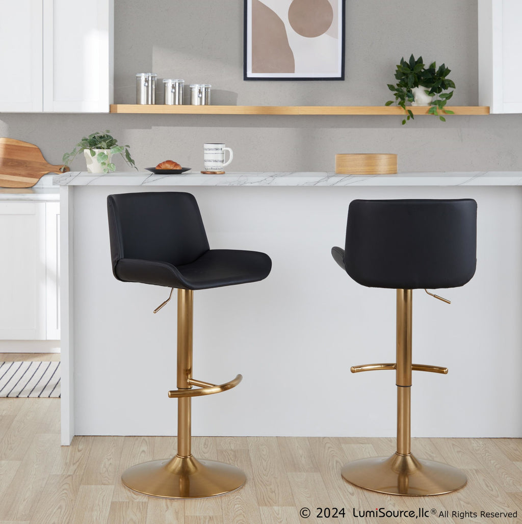 Santi Upholstered Adjustable Barstool - Set of 2 - Gold Metal, Black PU