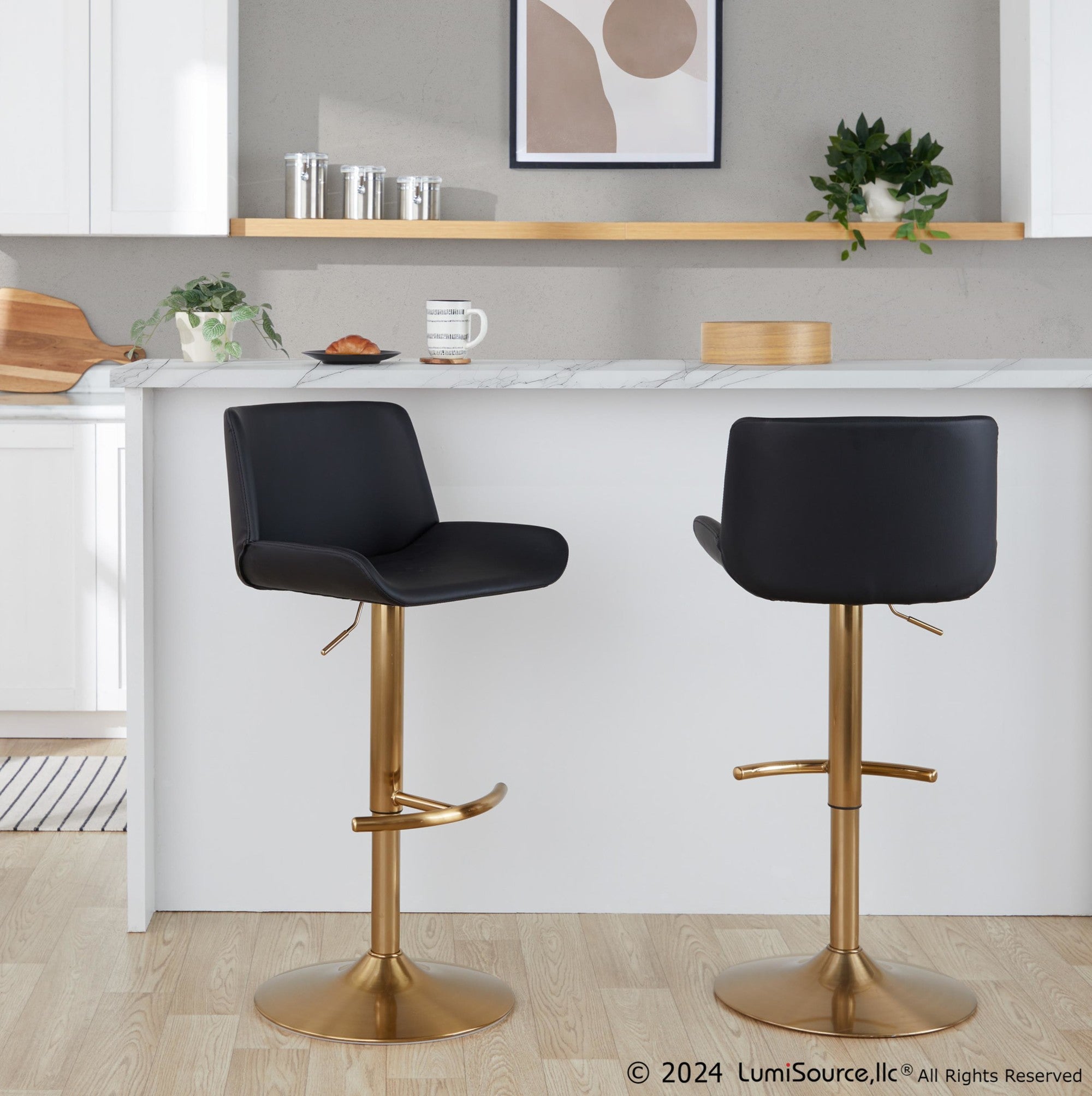 Santi Upholstered Adjustable Barstool - Set of 2 - Gold Metal, Black PU