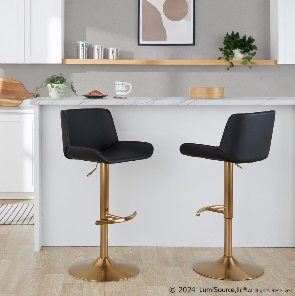 Santi Upholstered Adjustable Barstool - Set of 2 - Gold Metal, Black PU