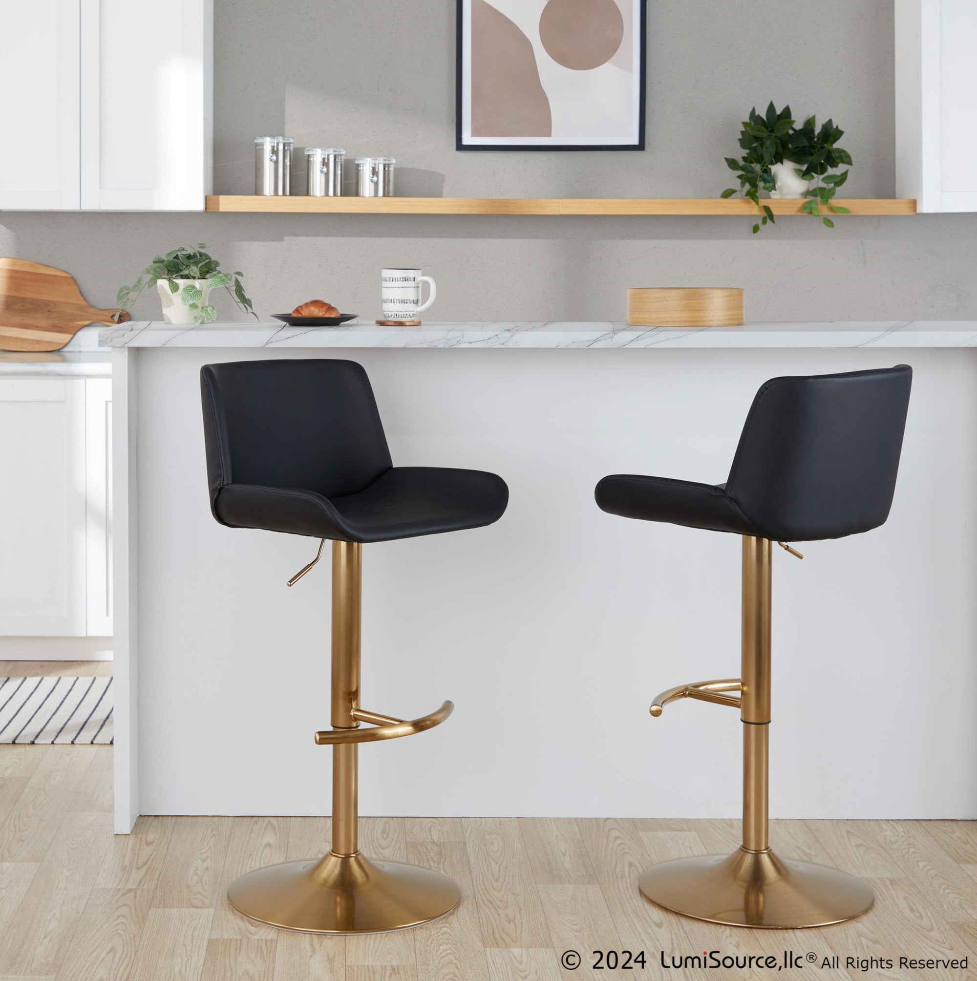 Santi Upholstered Adjustable Barstool - Set of 2 - Gold Metal, Black PU