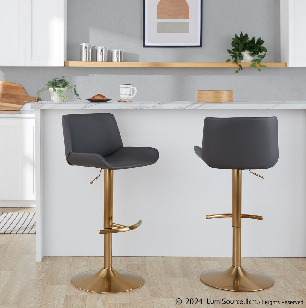 Santi Upholstered Adjustable Barstool - Set of 2 - Gold Metal, Grey PU