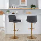 Santi Upholstered Adjustable Barstool - Set of 2 - Gold Metal, Grey PU