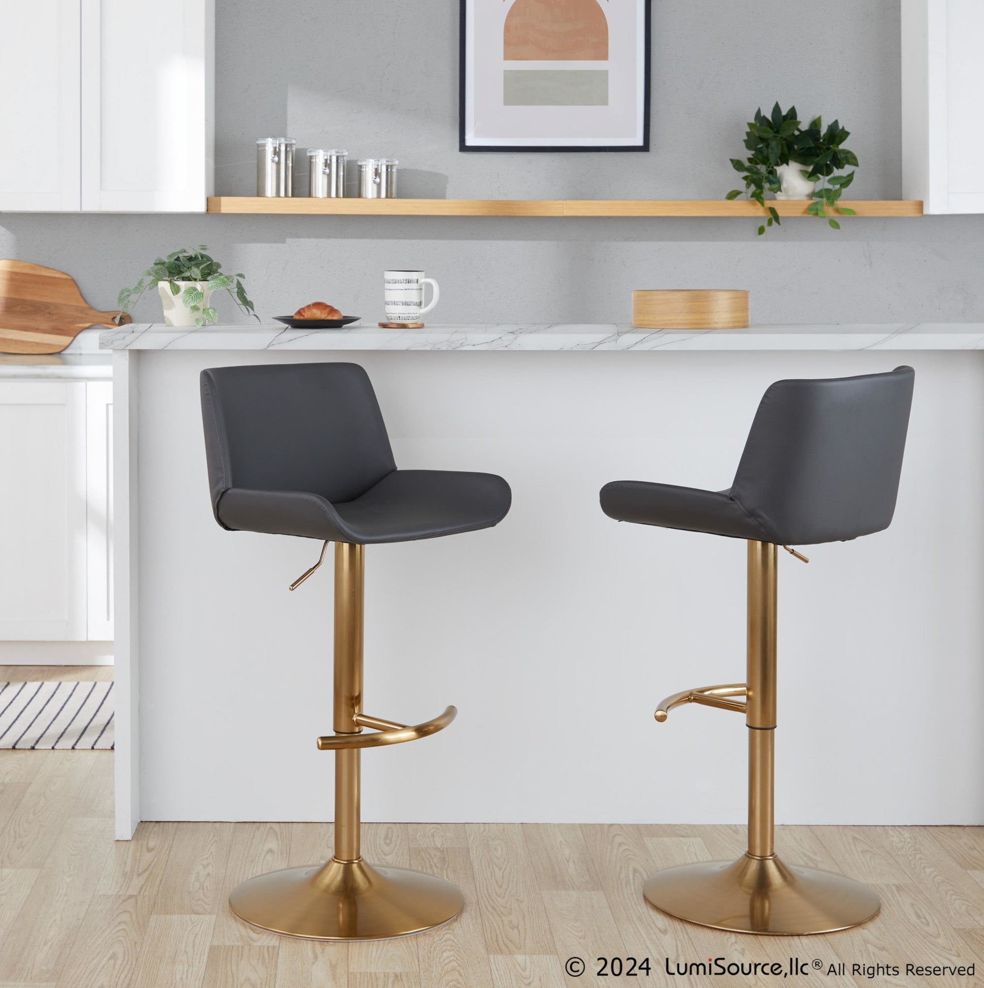 Santi Upholstered Adjustable Barstool - Set of 2 - Gold Metal, Grey PU