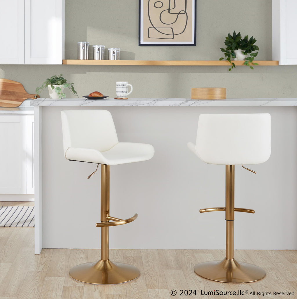 Santi Upholstered Adjustable Barstool - Set of 2 - Gold Metal, White PU