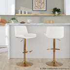 Santi Upholstered Adjustable Barstool - Set of 2 - Gold Metal, White PU