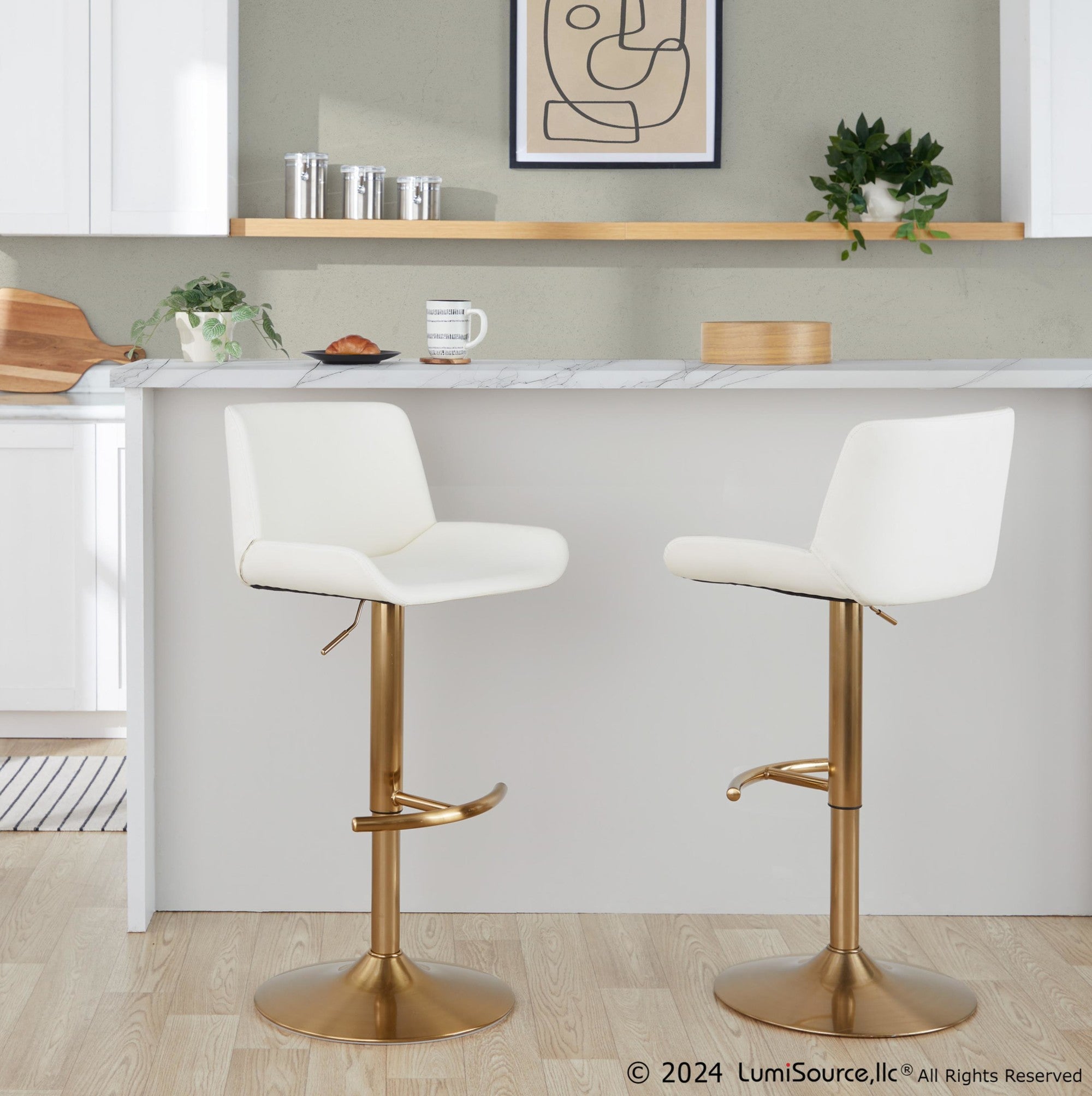Santi Upholstered Adjustable Barstool - Set of 2 - Gold Metal, White PU