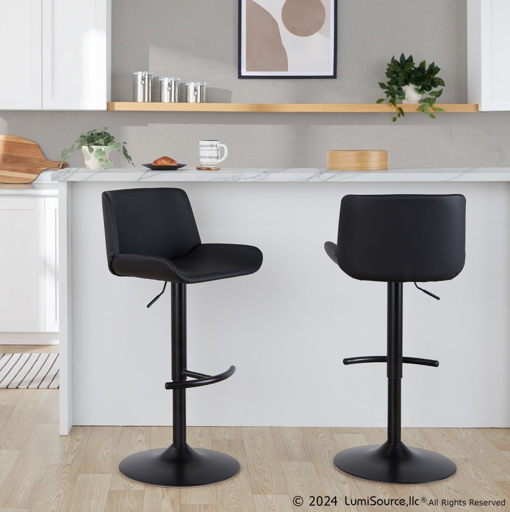 Santi Upholstered Adjustable Barstool - Set of 2 - Black Metal, Black PU