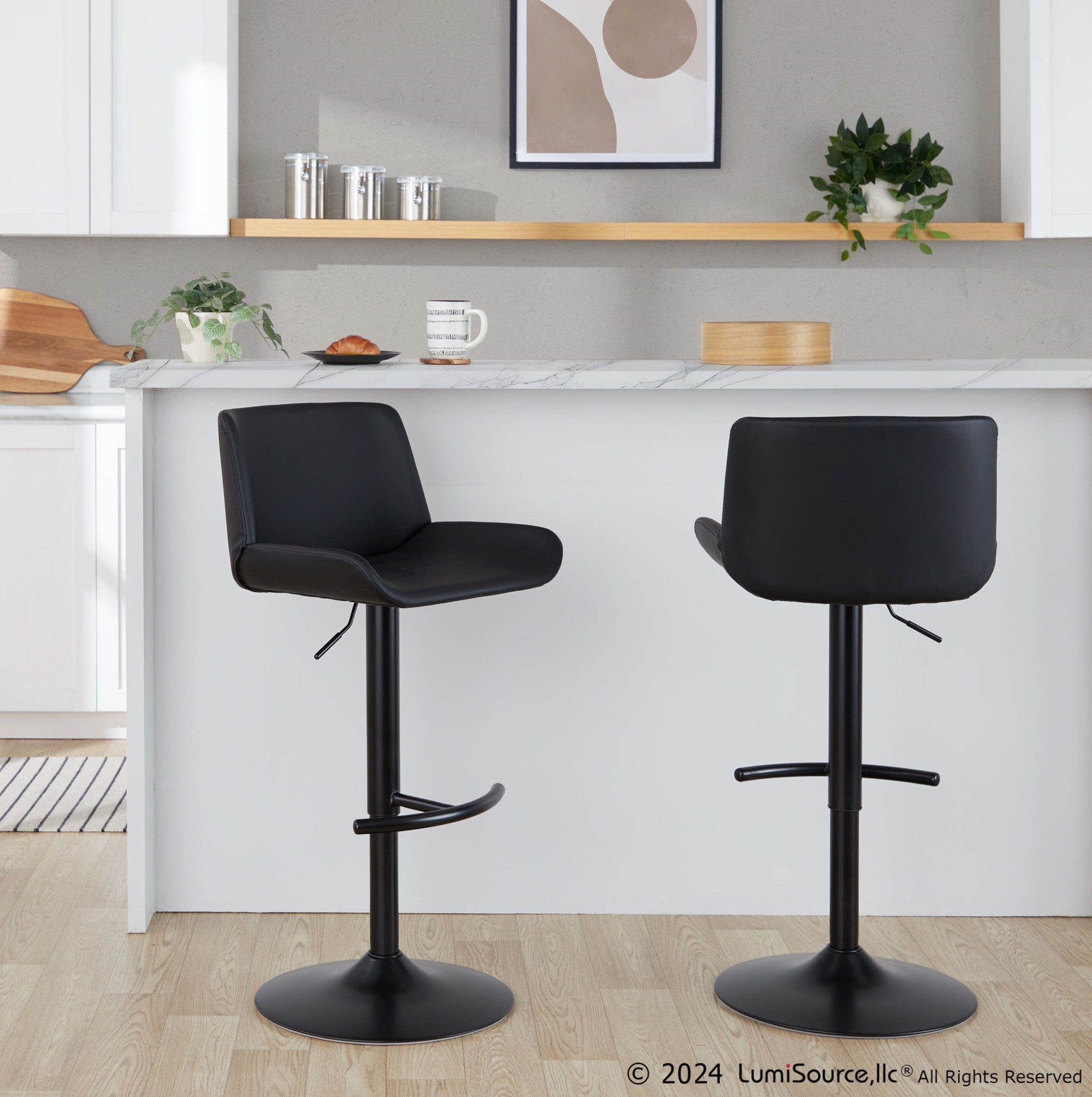 Santi Upholstered Adjustable Barstool - Set of 2 - Black Metal, Black PU