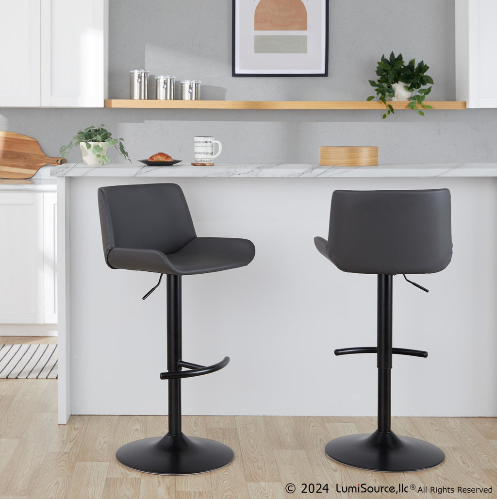 Santi Upholstered Adjustable Barstool - Set of 2 - Black Metal, Grey PU