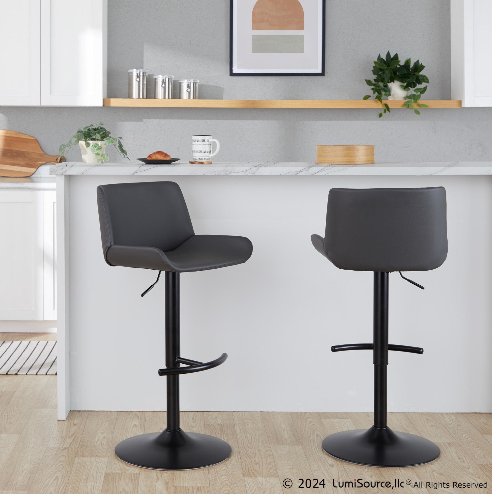 Santi Upholstered Adjustable Barstool - Set of 2 - Black Metal, Grey PU