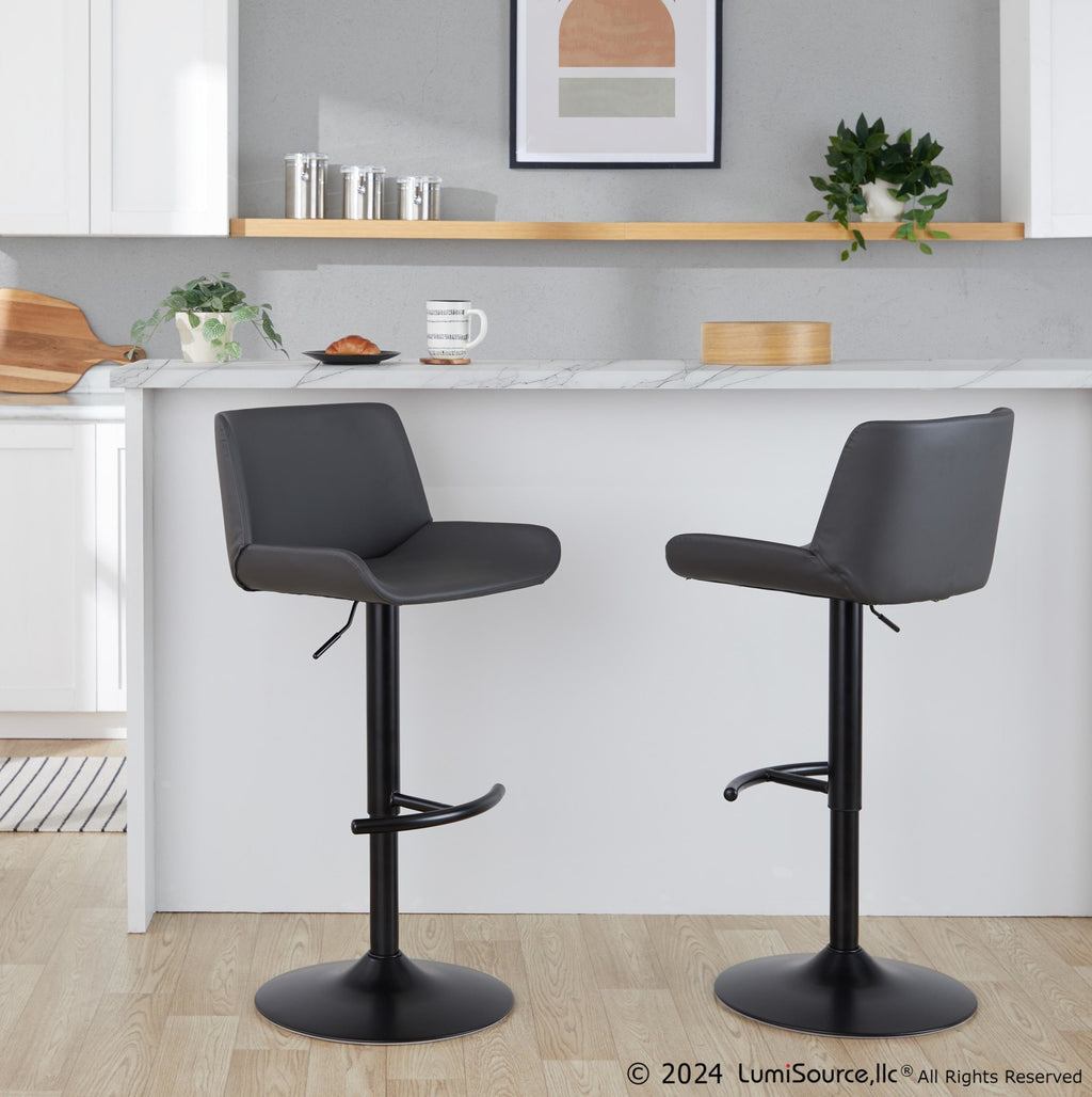 Santi Upholstered Adjustable Barstool - Set of 2 - Black Metal, Grey PU