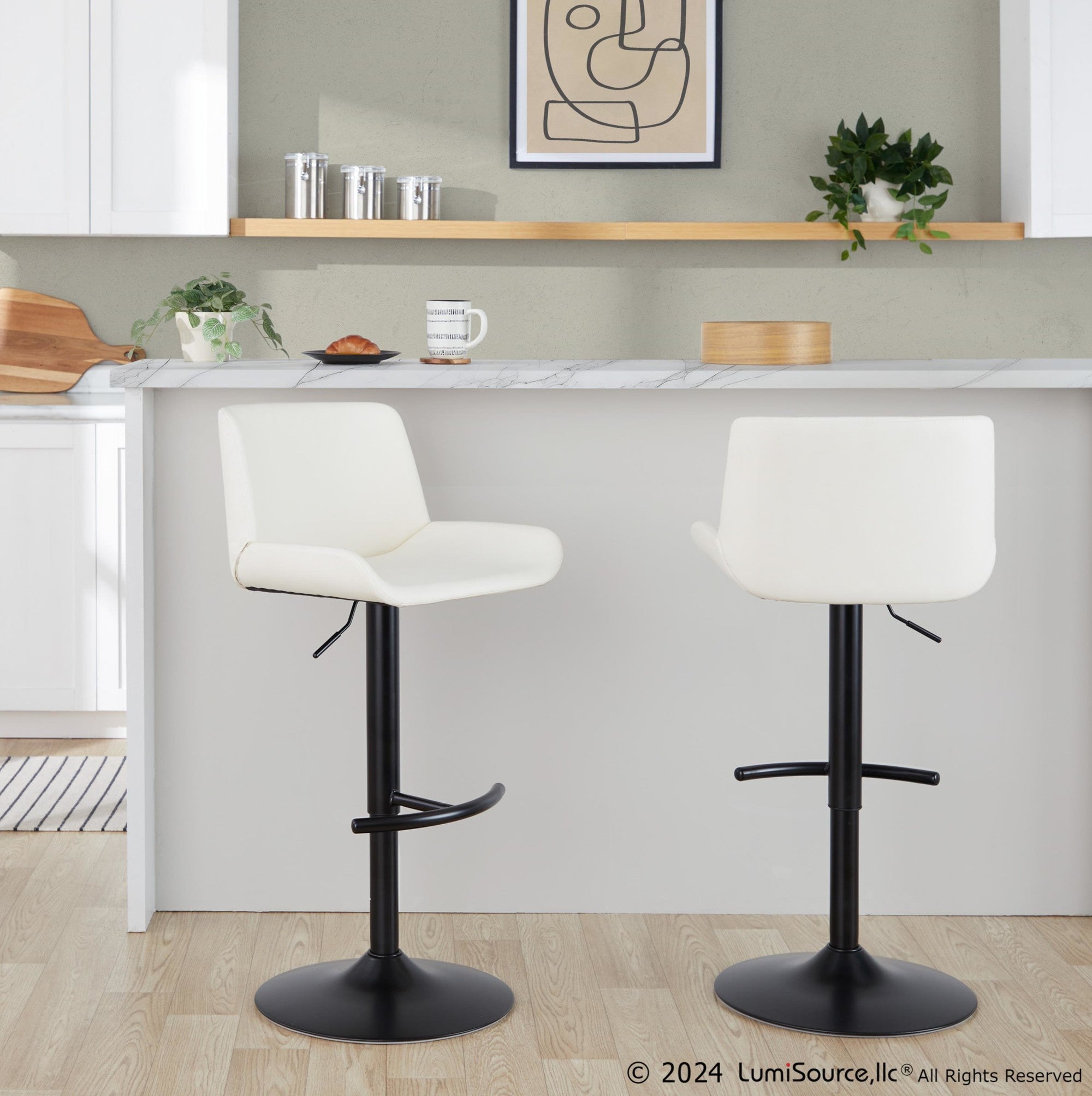 Santi Upholstered Adjustable Barstool - Set of 2 - Black Metal, White PU