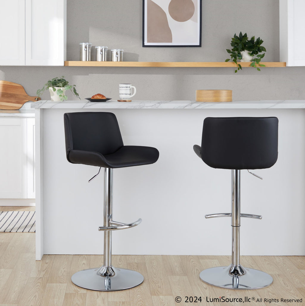 Santi Upholstered Adjustable Barstool - Set of 2 - Chrome Metal, Black PU