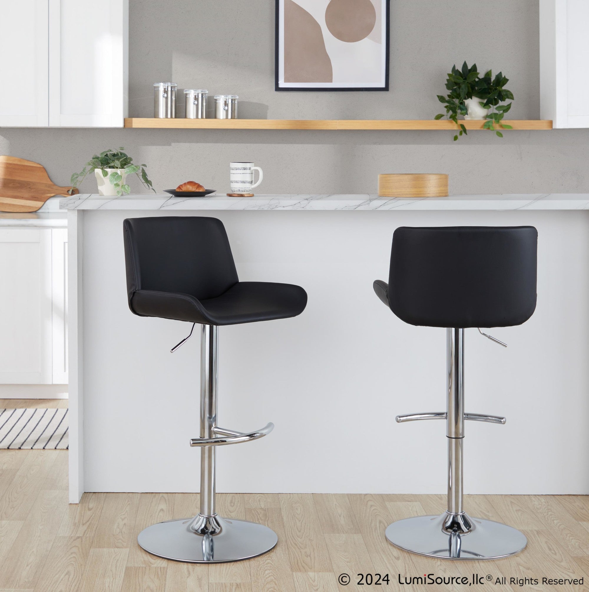 Santi Upholstered Adjustable Barstool - Set of 2 - Chrome Metal, Black PU