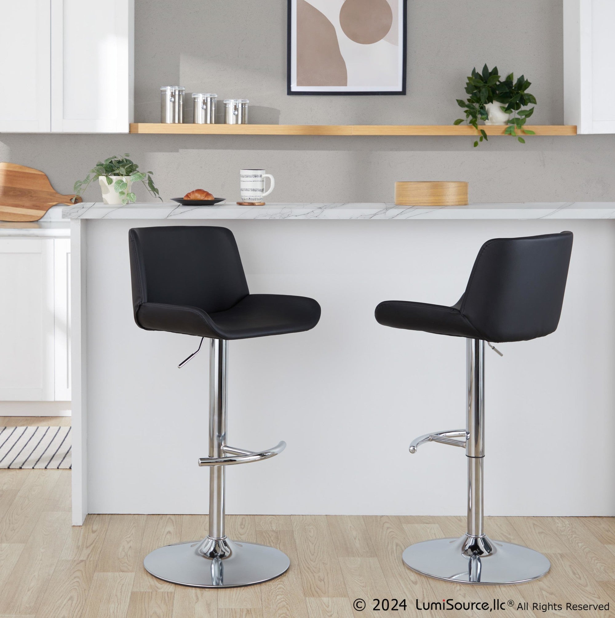 Santi Upholstered Adjustable Barstool - Set of 2 - Chrome Metal, Black PU