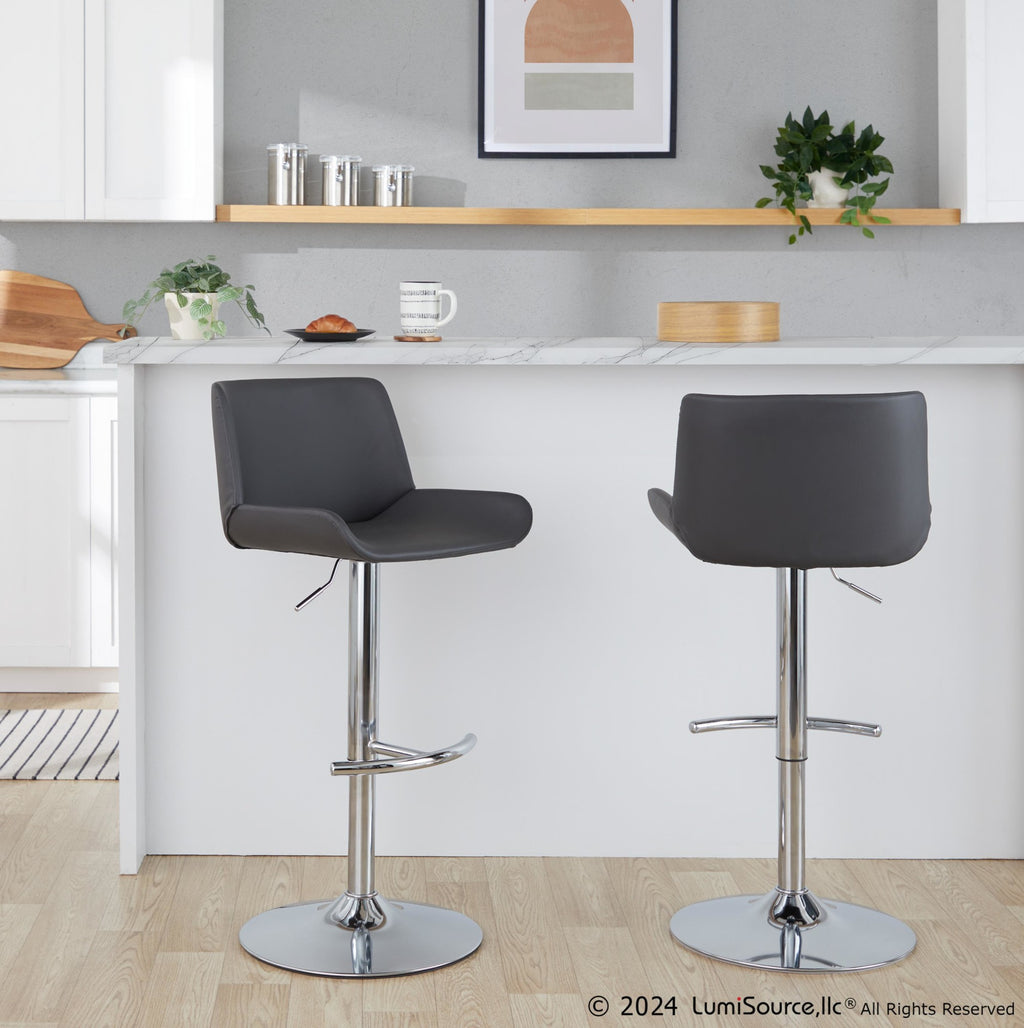 Santi Upholstered Adjustable Barstool - Set of 2 - Chrome Metal, Grey PU