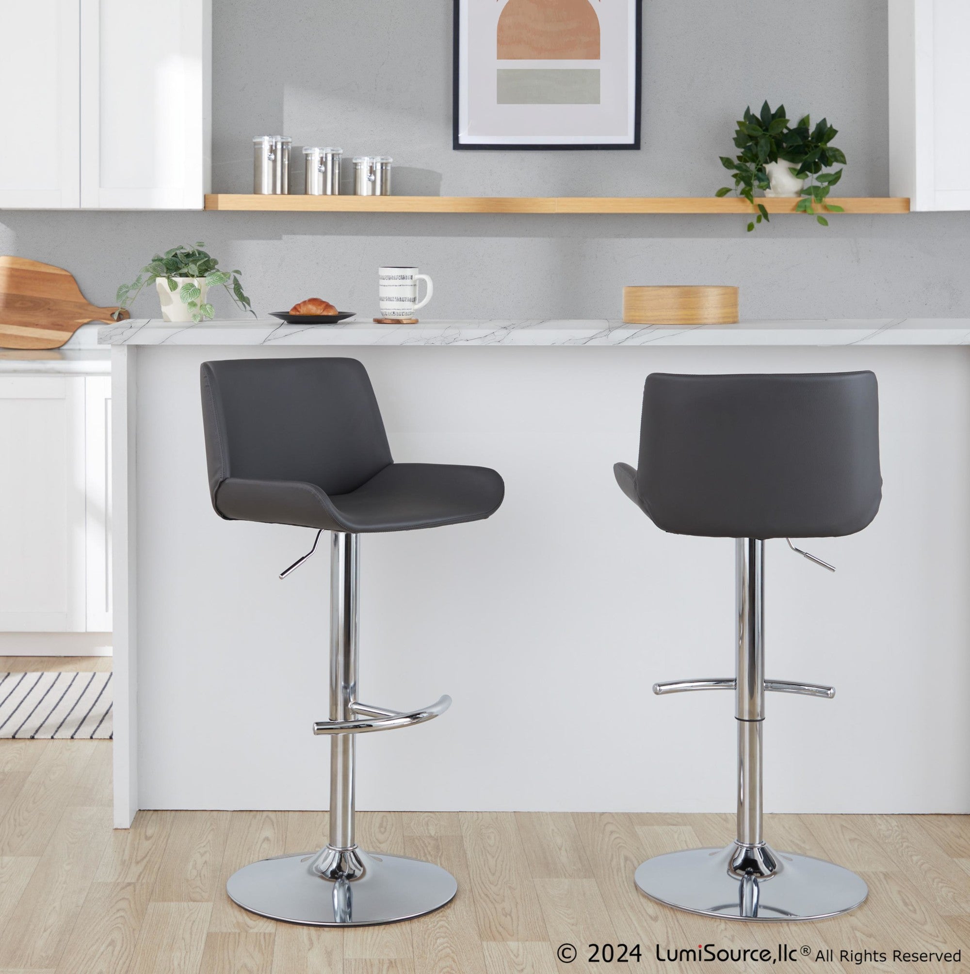 Santi Upholstered Adjustable Barstool - Set of 2 - Chrome Metal, Grey PU