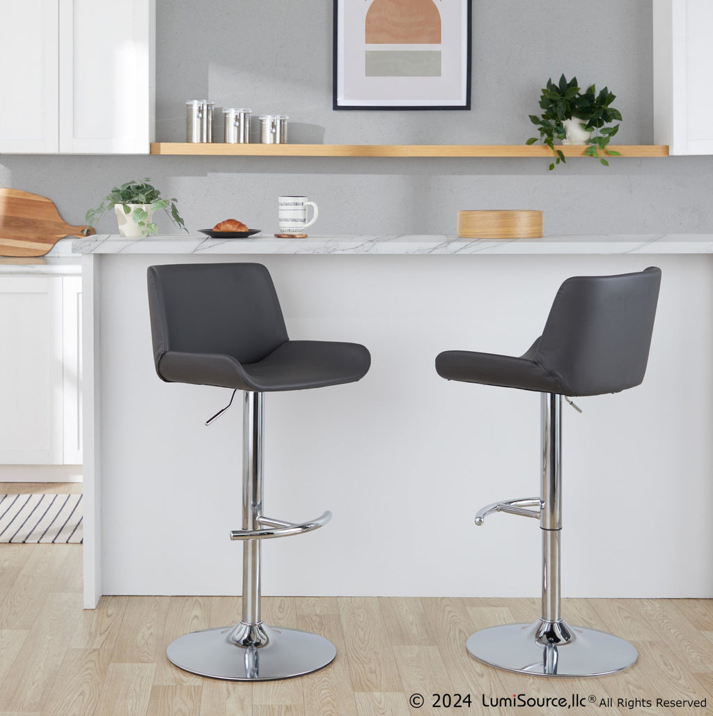 Santi Upholstered Adjustable Barstool - Set of 2 - Chrome Metal, Grey PU