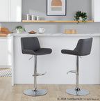 Santi Upholstered Adjustable Barstool - Set of 2 - Chrome Metal, Grey PU