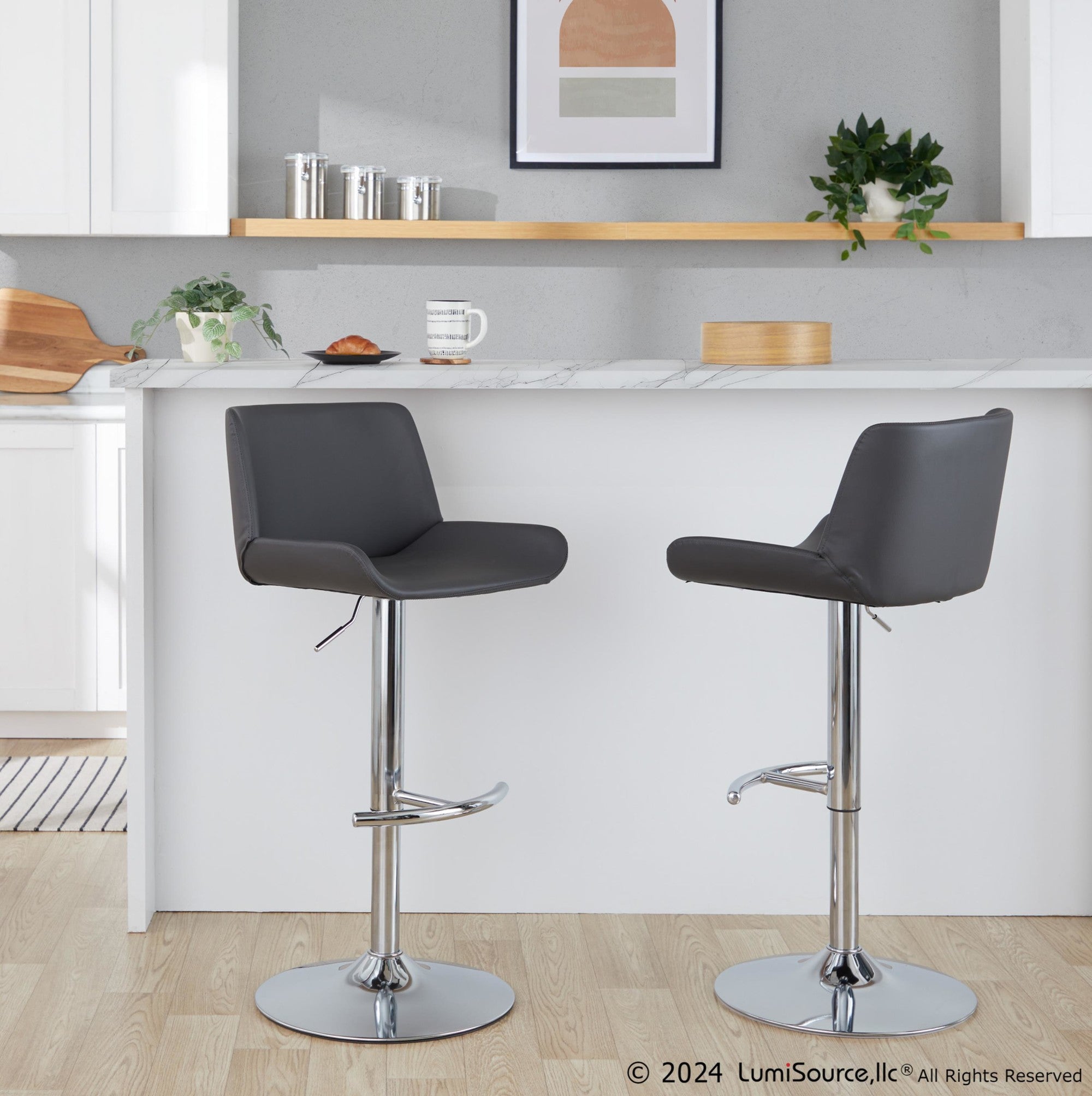 Santi Upholstered Adjustable Barstool - Set of 2 - Chrome Metal, Grey PU