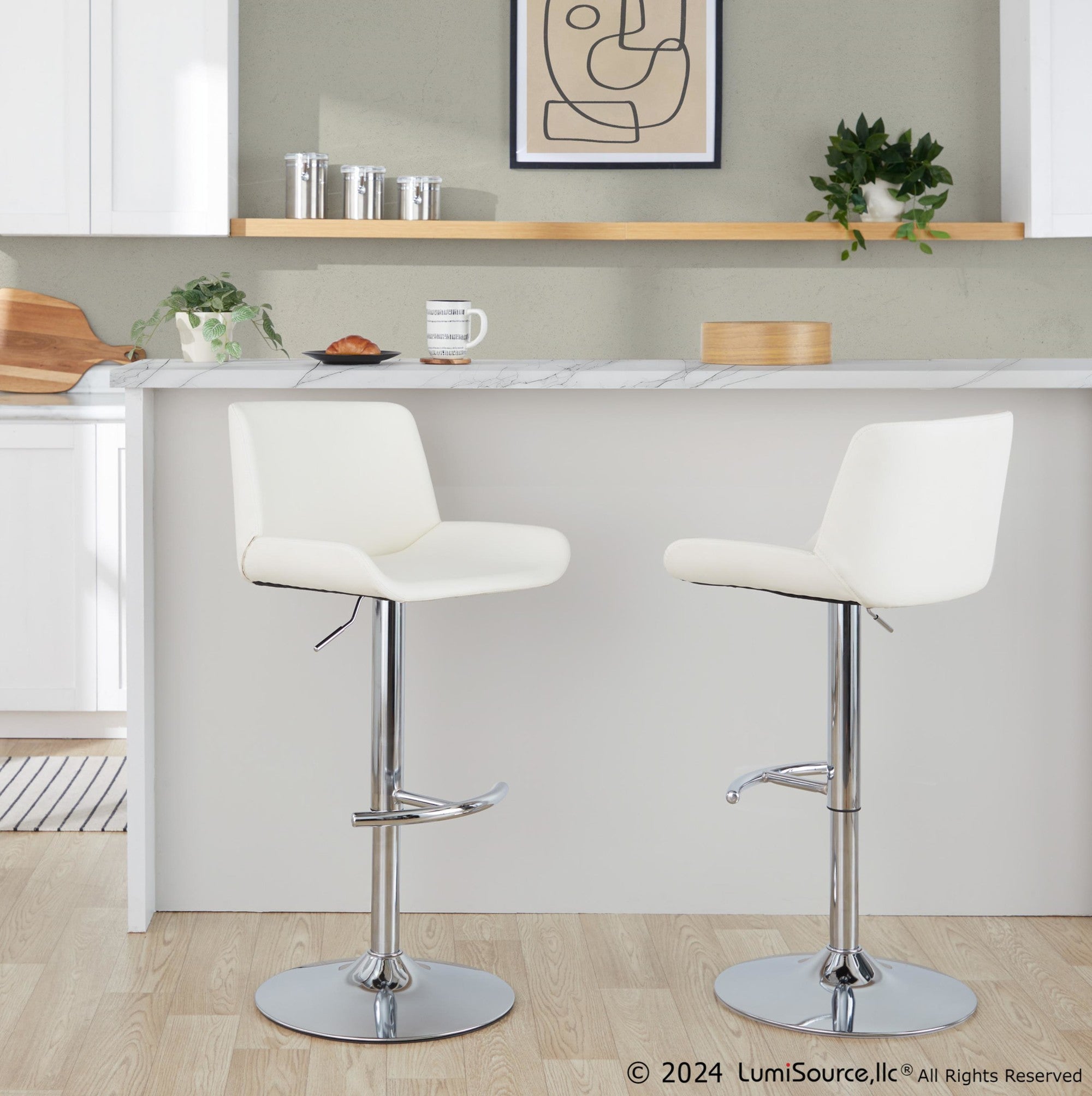 Santi Upholstered Adjustable Barstool - Set of 2 - Chrome Metal, White PU