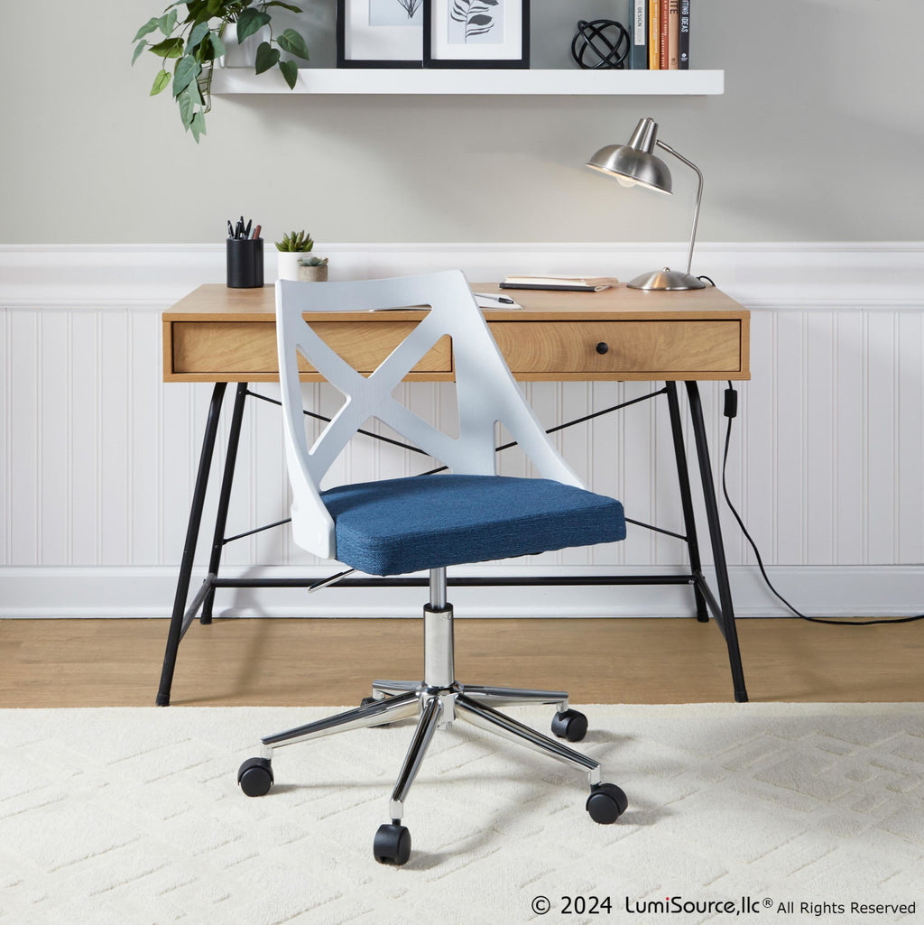 Charlotte Office Chair - Chrome Metal, White Textured Wood, Blue Fabric