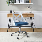 Charlotte Office Chair - Chrome Metal, White Textured Wood, Blue Fabric