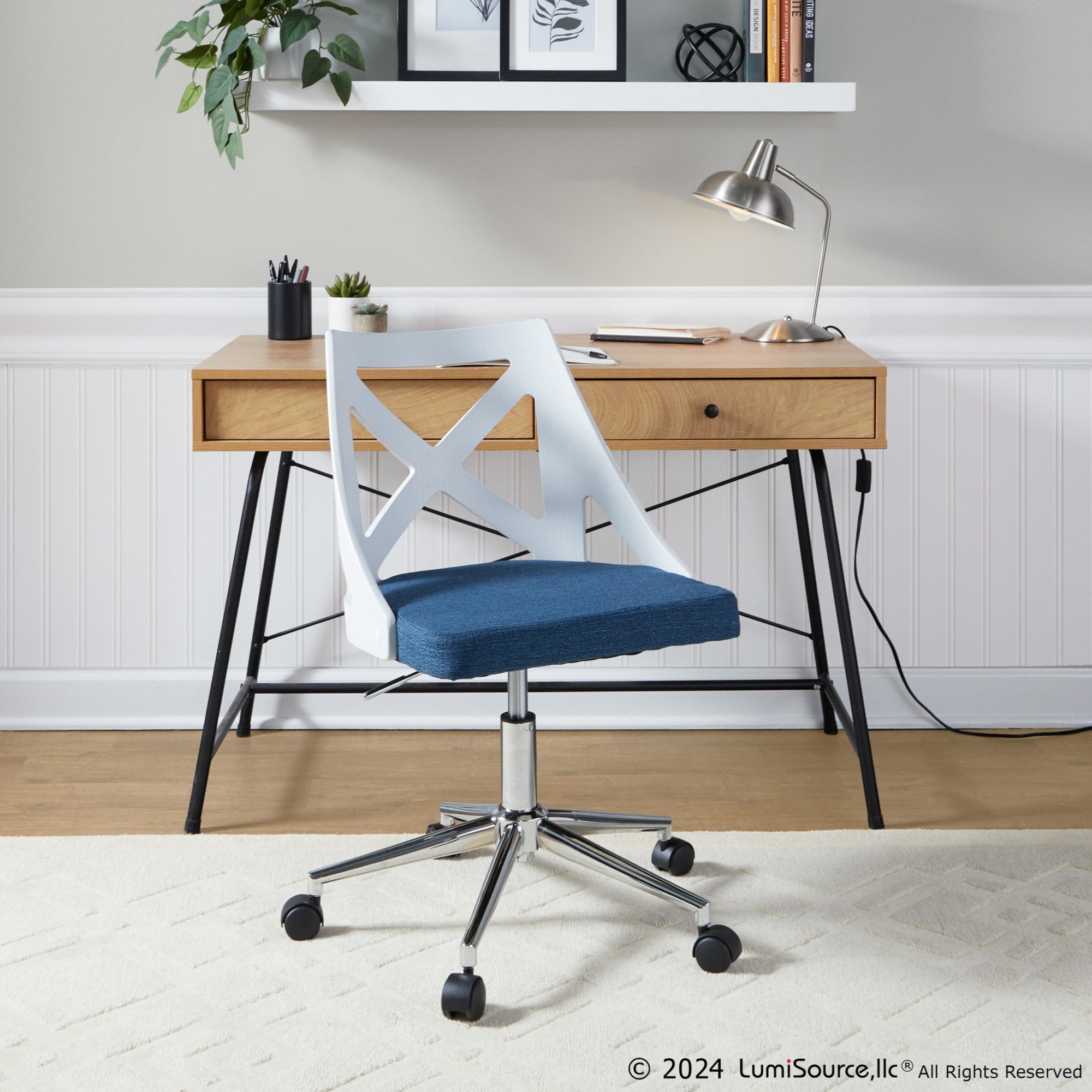Charlotte Office Chair - Chrome Metal, White Textured Wood, Blue Fabric