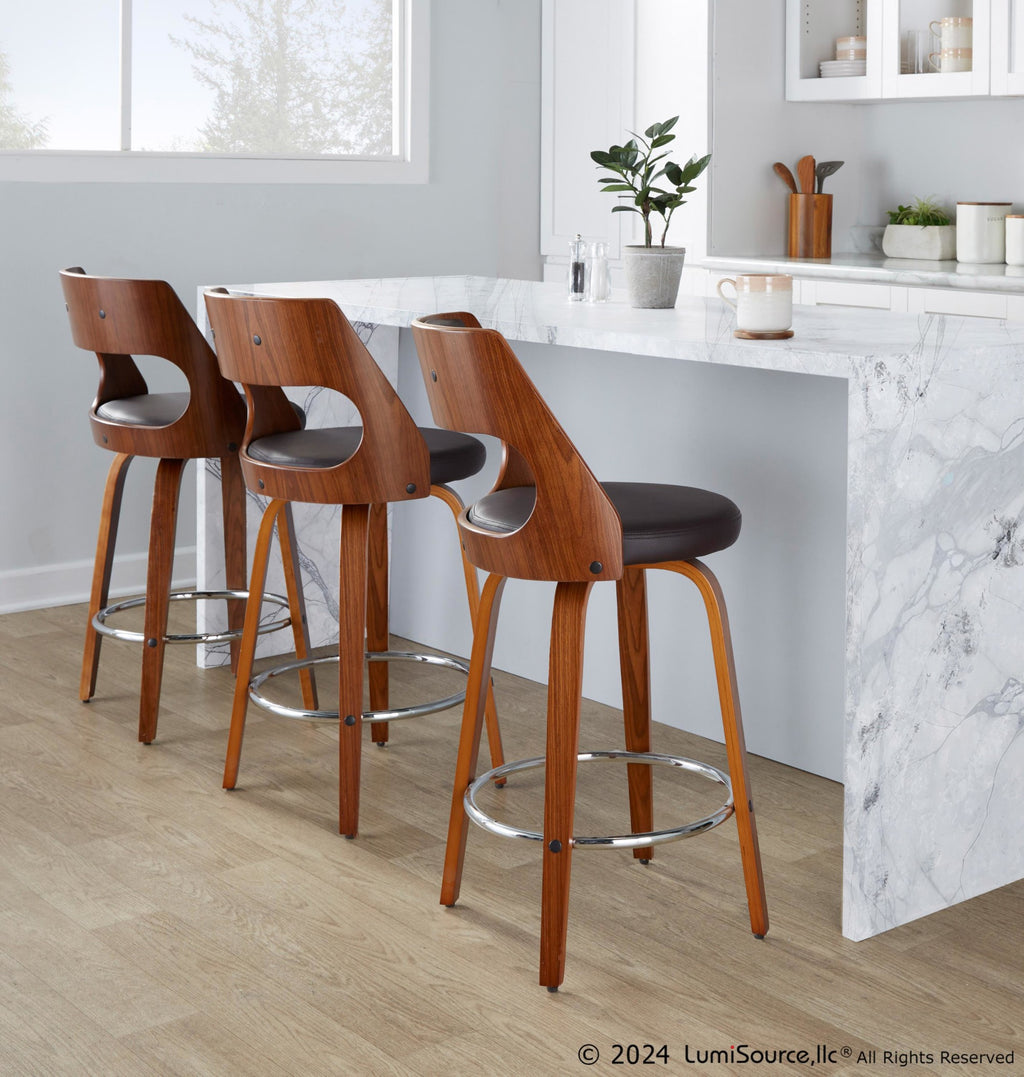 Cecina 26'' Fixed-Height Counter Stool - Set of 2 - Walnut Wood, Brown PU, Chrome Metal