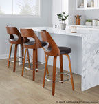 Cecina 26'' Fixed-Height Counter Stool - Set of 2 - Walnut Wood, Brown PU, Chrome Metal